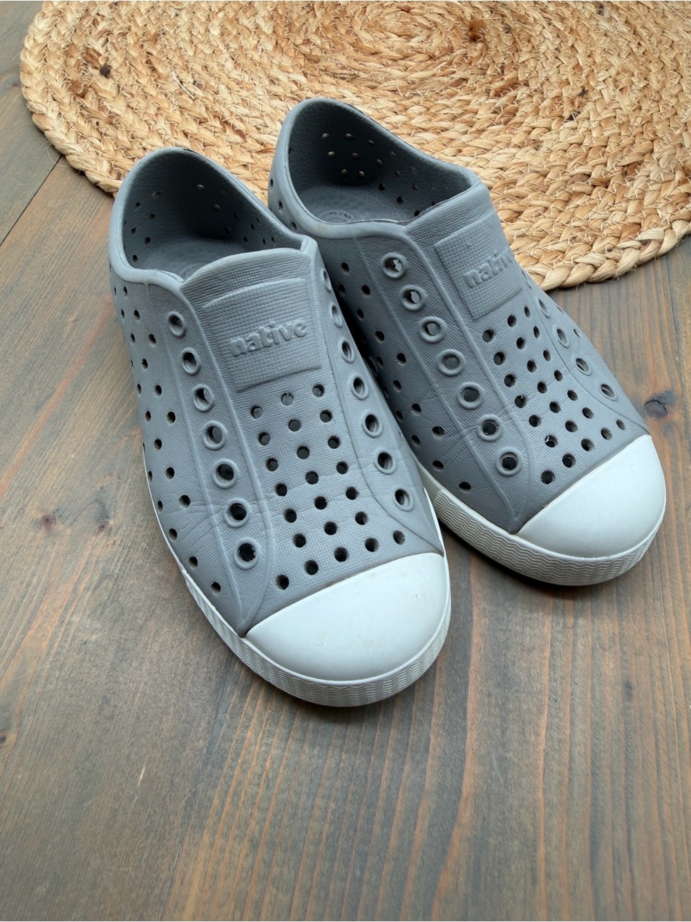 Native Gray Jefferson Slip-On Sneakers with White Toe Caps